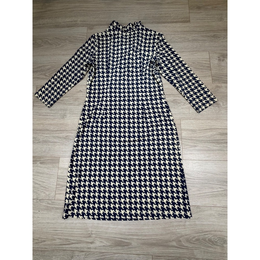 J. McLaughlin Navy Blue Cream Houndstooth Ruffle Neck A-Line Dress Womens Medium - Picture 6 of 9
